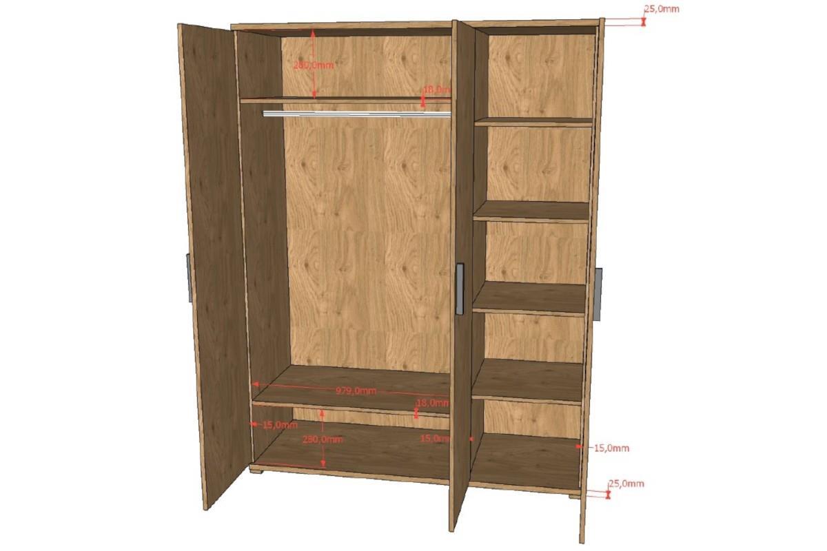 Sam 3-deurs Kledingkast Eiken afmetingen open