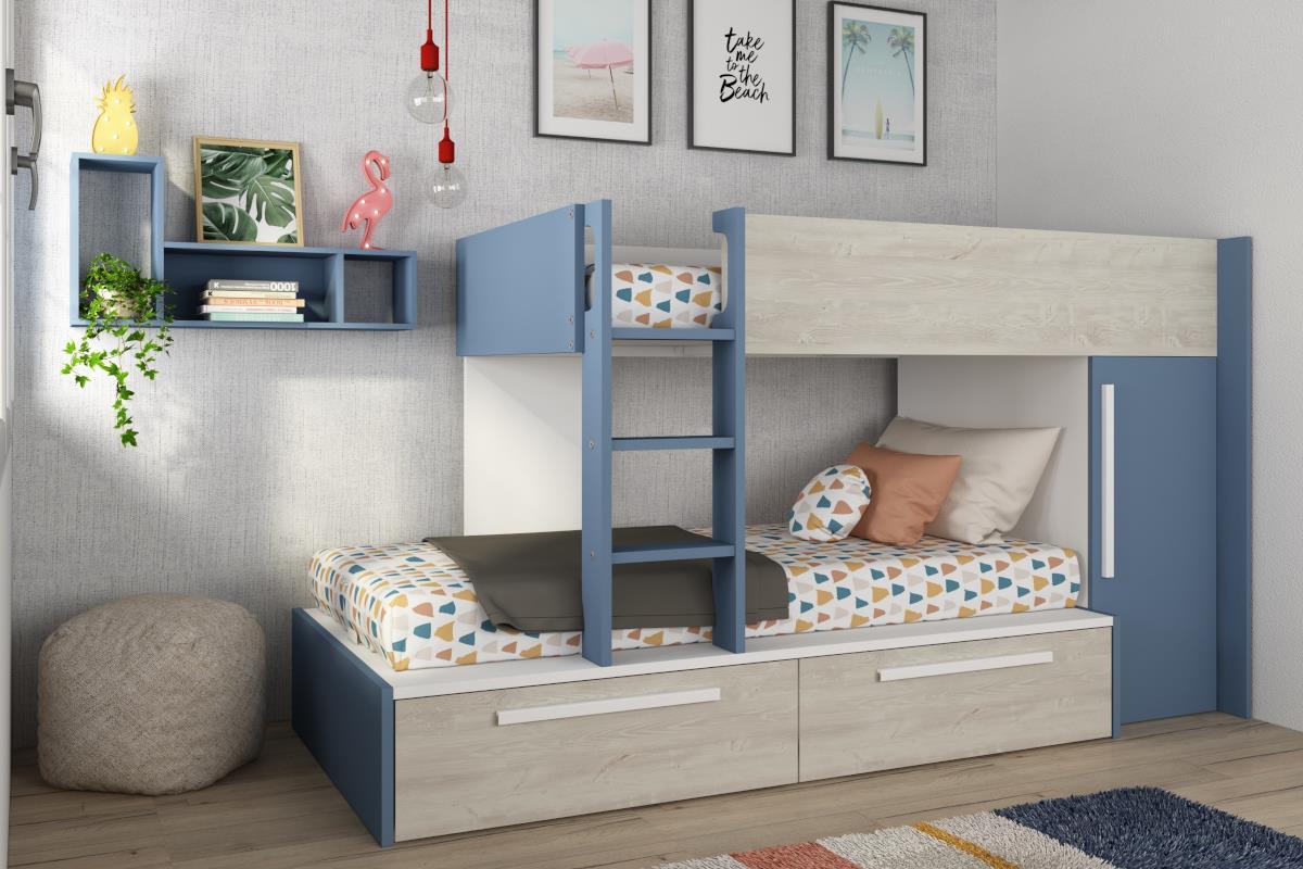 Jules stapelbed met kast en opberglades smokey blue