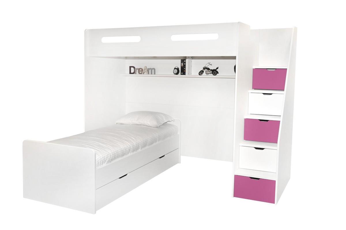 Options Hoekstapelbed Wit - Roze met bedlade zijaanzicht