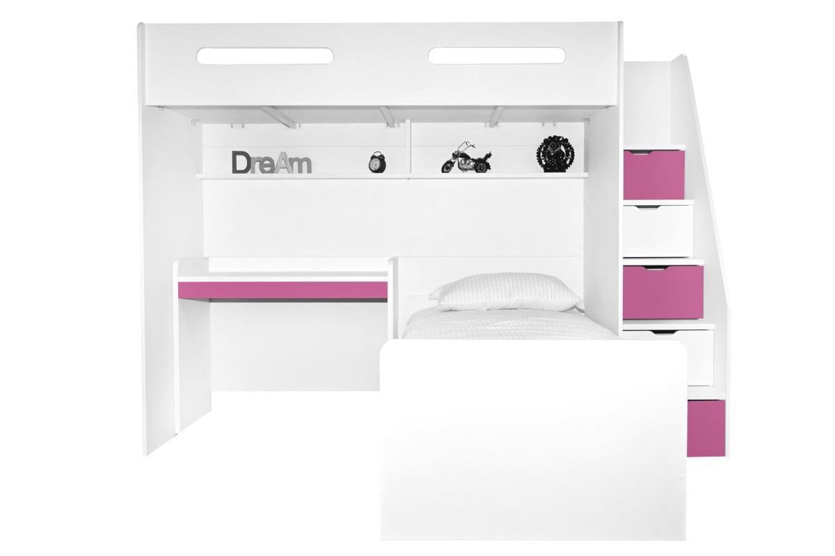 Options Hoekstapelbed Wit - Roze met bureau